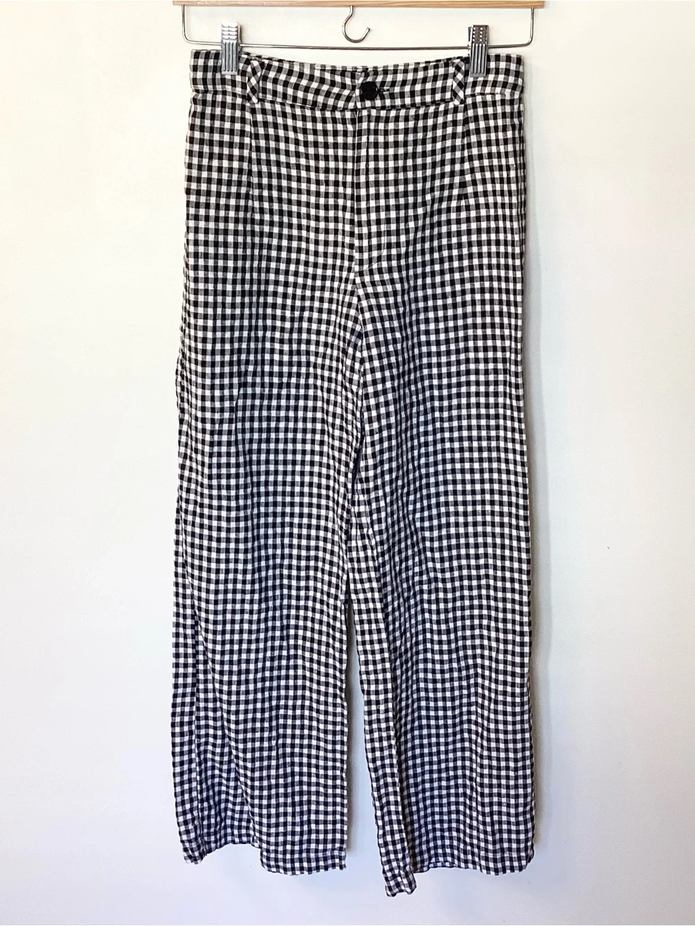 Reformation 100% Linen Wide Leg Cropped Gingham Pants - Black/White - 2